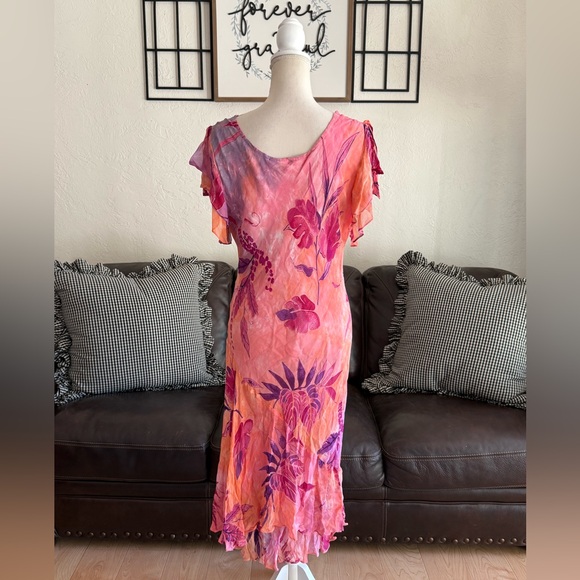 Vintage PHOOL Bright & Colorful Floral Dress Ruffle Asymmetrical Hem Rare 90s - Picture 10 of 15